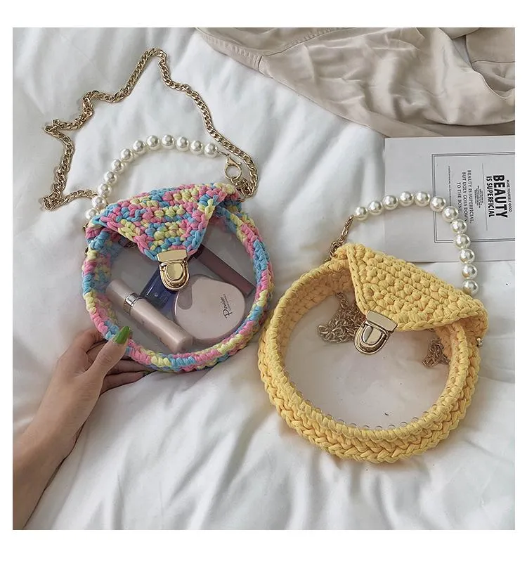 Cute Round Colorful(No Flap) Crochet Crossbody Purse PMMA Crochet Shoulder Round Handbag for Girl Circle Crochet Crossbody Purses