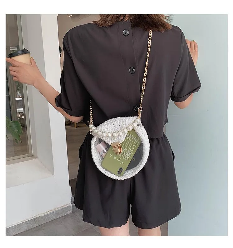 Cute Round Colorful(No Flap) Crochet Crossbody Purse PMMA Crochet Shoulder Round Handbag for Girl Circle Crochet Crossbody Purses