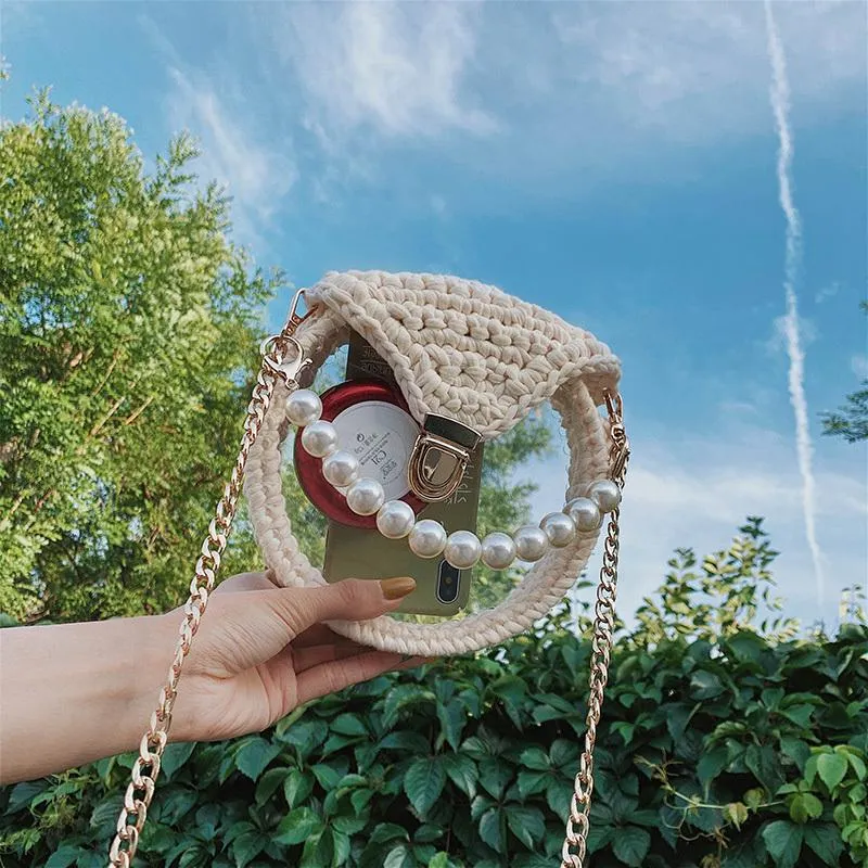 Cute Round Colorful(No Flap) Crochet Crossbody Purse PMMA Crochet Shoulder Round Handbag for Girl Circle Crochet Crossbody Purses