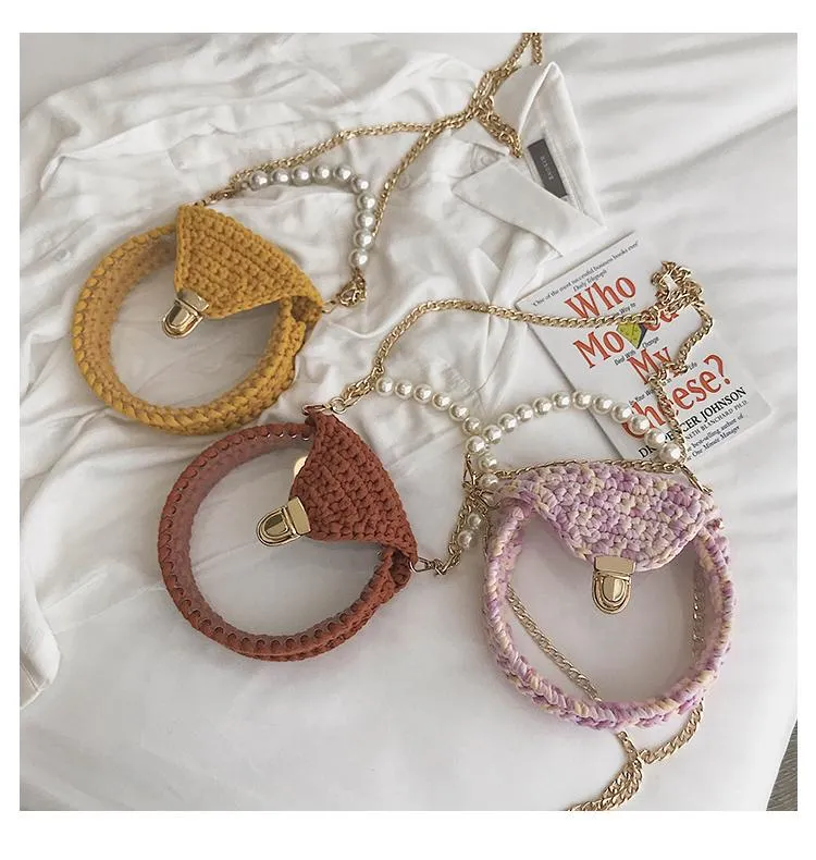 Cute Round Colorful(No Flap) Crochet Crossbody Purse PMMA Crochet Shoulder Round Handbag for Girl Circle Crochet Crossbody Purses