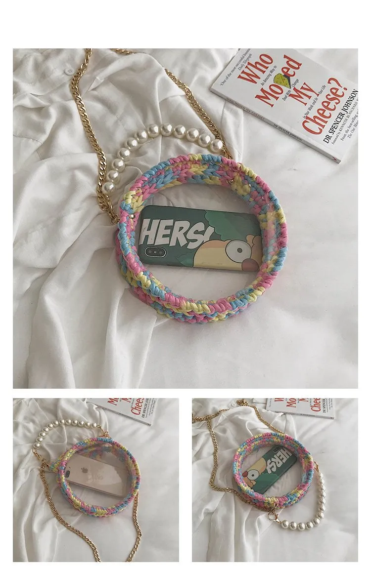 Cute Round Colorful(No Flap) Crochet Crossbody Purse PMMA Crochet Shoulder Round Handbag for Girl Circle Crochet Crossbody Purses