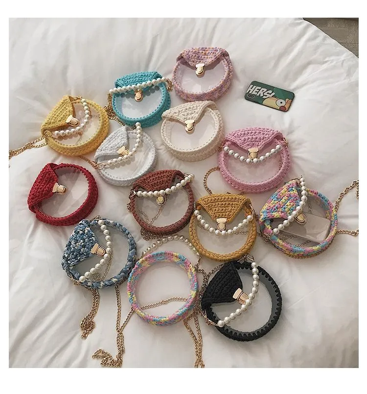 Cute Round Colorful(No Flap) Crochet Crossbody Purse PMMA Crochet Shoulder Round Handbag for Girl Circle Crochet Crossbody Purses