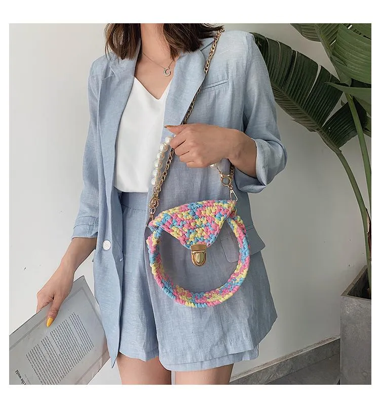 Cute Round Colorful(No Flap) Crochet Crossbody Purse PMMA Crochet Shoulder Round Handbag for Girl Circle Crochet Crossbody Purses