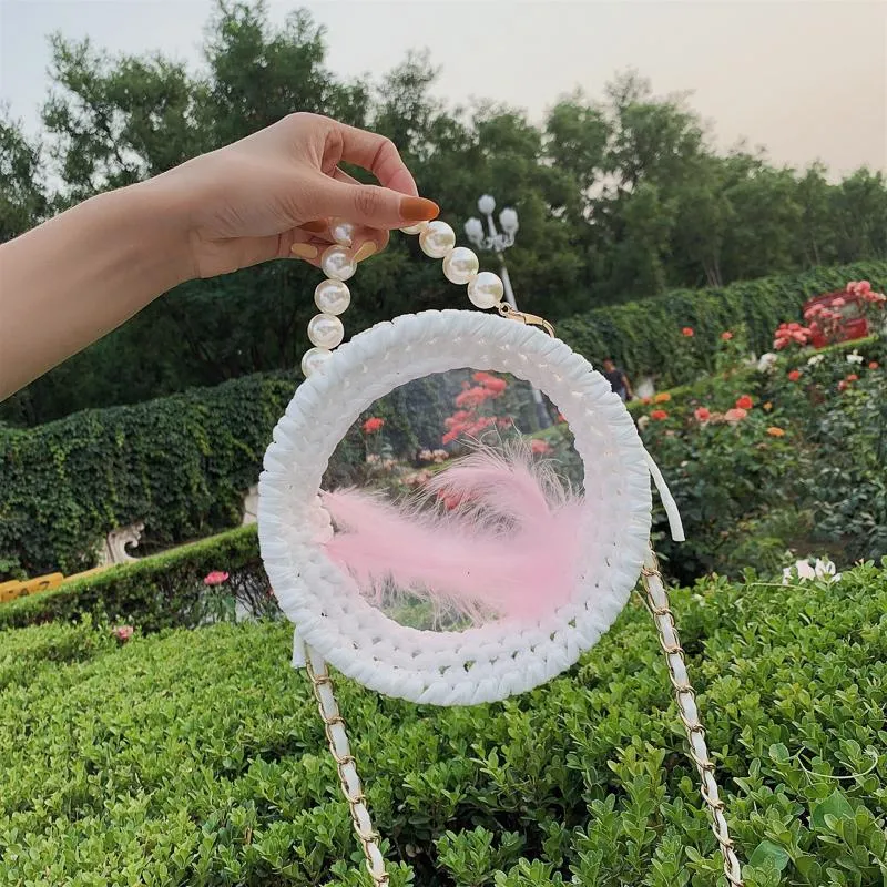 Cute Round Colorful(No Flap) Crochet Crossbody Purse PMMA Crochet Shoulder Round Handbag for Girl Circle Crochet Crossbody Purses
