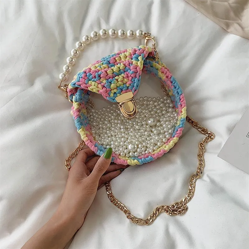 Cute Round Colorful(No Flap) Crochet Crossbody Purse PMMA Crochet Shoulder Round Handbag for Girl Circle Crochet Crossbody Purses