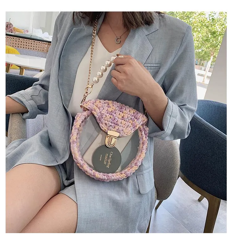 Cute Round Colorful(No Flap) Crochet Crossbody Purse PMMA Crochet Shoulder Round Handbag for Girl Circle Crochet Crossbody Purses