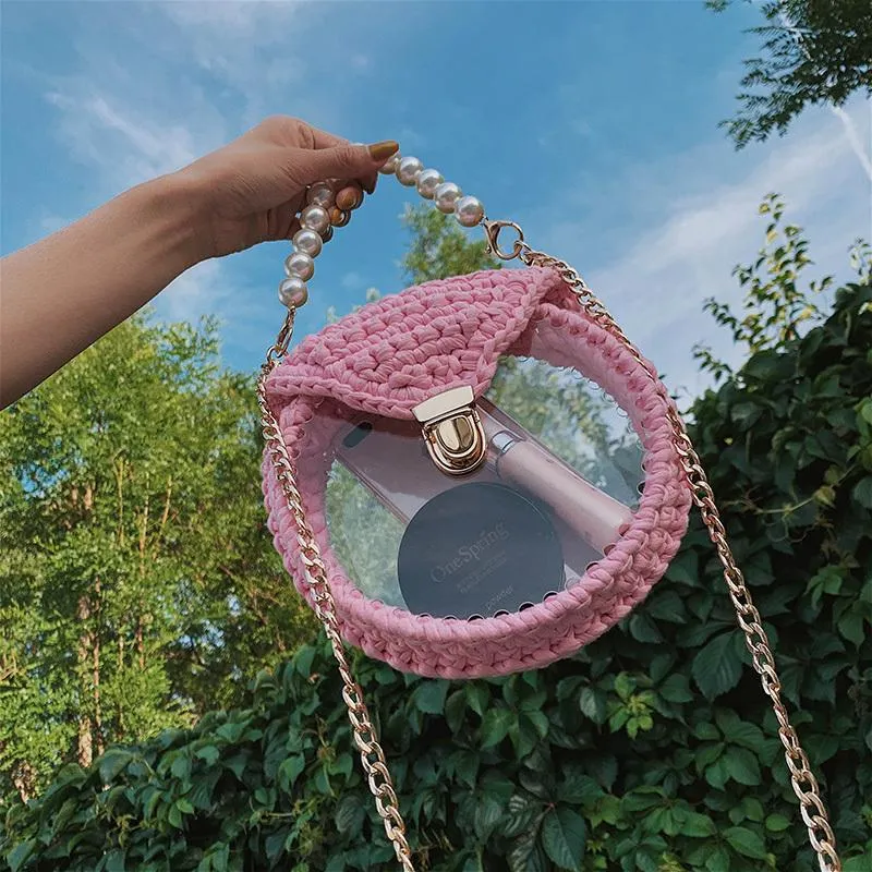 Cute Round Colorful(No Flap) Crochet Crossbody Purse PMMA Crochet Shoulder Round Handbag for Girl Circle Crochet Crossbody Purses