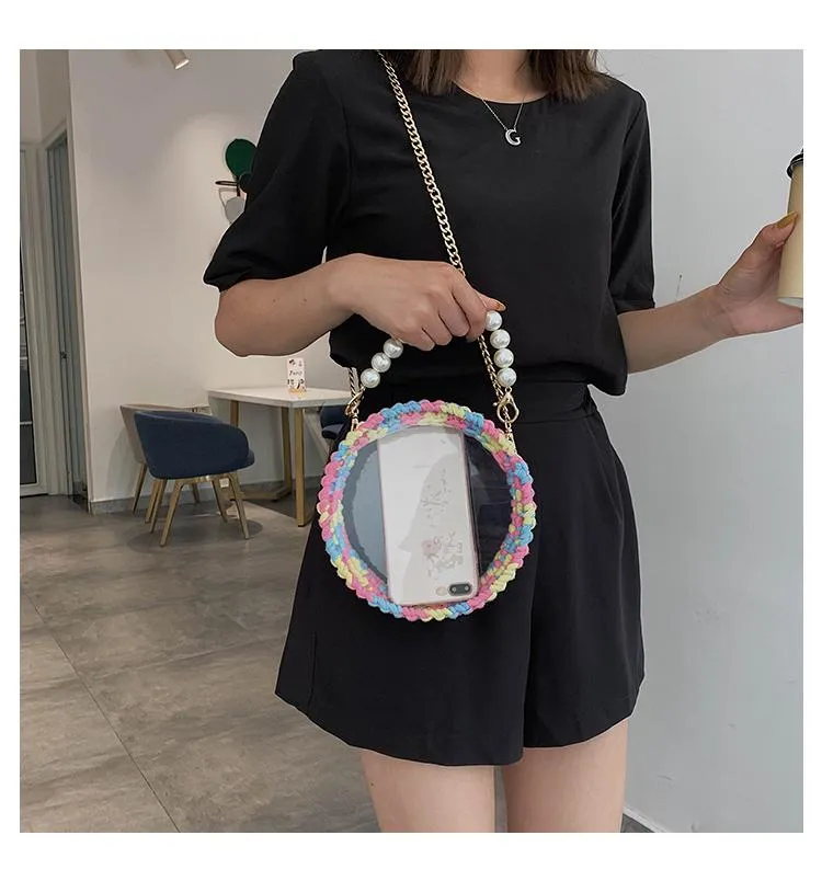 Cute Round Colorful(No Flap) Crochet Crossbody Purse PMMA Crochet Shoulder Round Handbag for Girl Circle Crochet Crossbody Purses