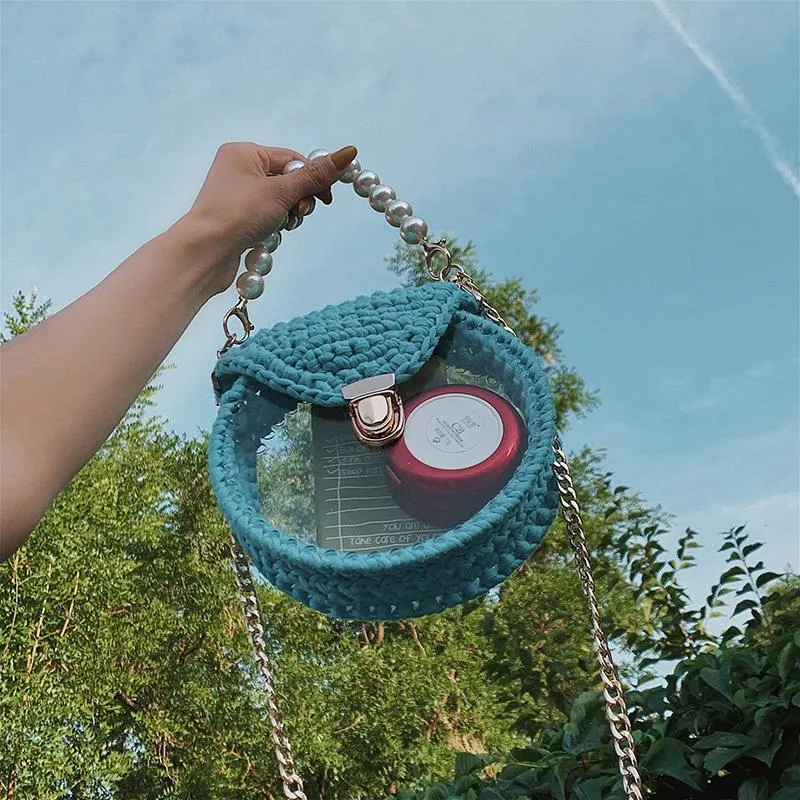 Cute Round Colorful(No Flap) Crochet Crossbody Purse PMMA Crochet Shoulder Round Handbag for Girl Circle Crochet Crossbody Purses