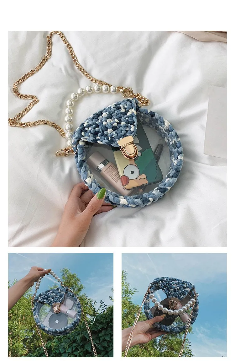 Cute Round Colorful(No Flap) Crochet Crossbody Purse PMMA Crochet Shoulder Round Handbag for Girl Circle Crochet Crossbody Purses