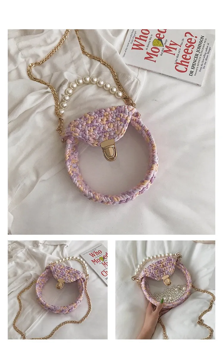 Cute Round Colorful(No Flap) Crochet Crossbody Purse PMMA Crochet Shoulder Round Handbag for Girl Circle Crochet Crossbody Purses