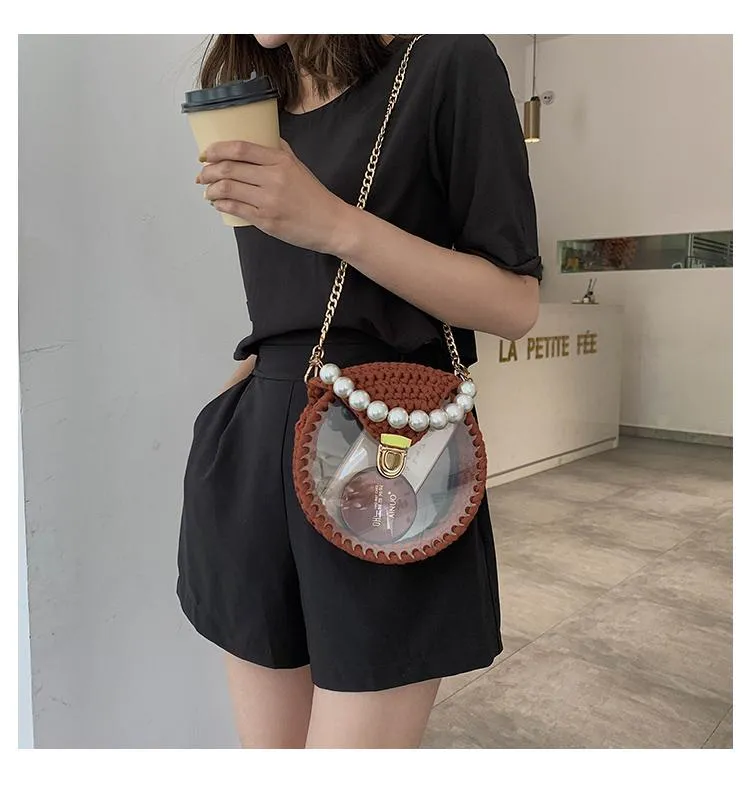 Cute Round Colorful(No Flap) Crochet Crossbody Purse PMMA Crochet Shoulder Round Handbag for Girl Circle Crochet Crossbody Purses