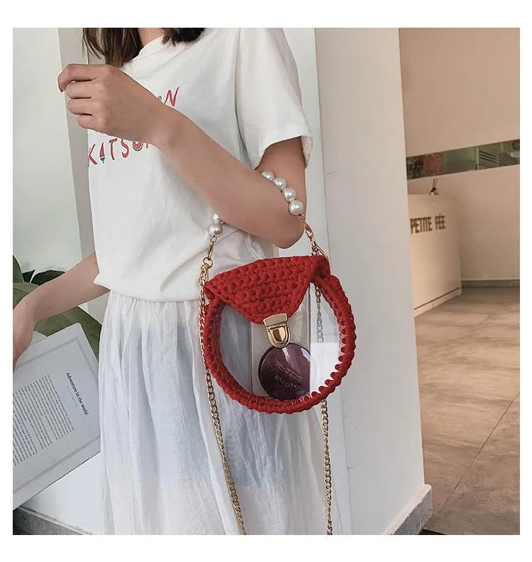 Cute Round Shining(No Flap) Crochet Crossbody Purse PMMA Crochet Shoulder Round Handbag for Girl Circle Crochet Crossbody Purses