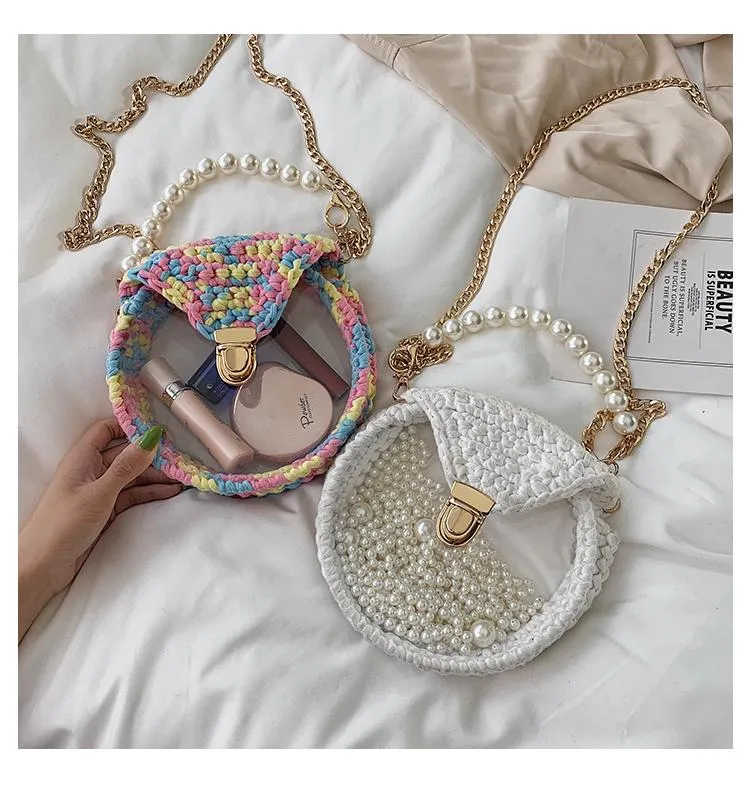 Cute Round Shining(No Flap) Crochet Crossbody Purse PMMA Crochet Shoulder Round Handbag for Girl Circle Crochet Crossbody Purses