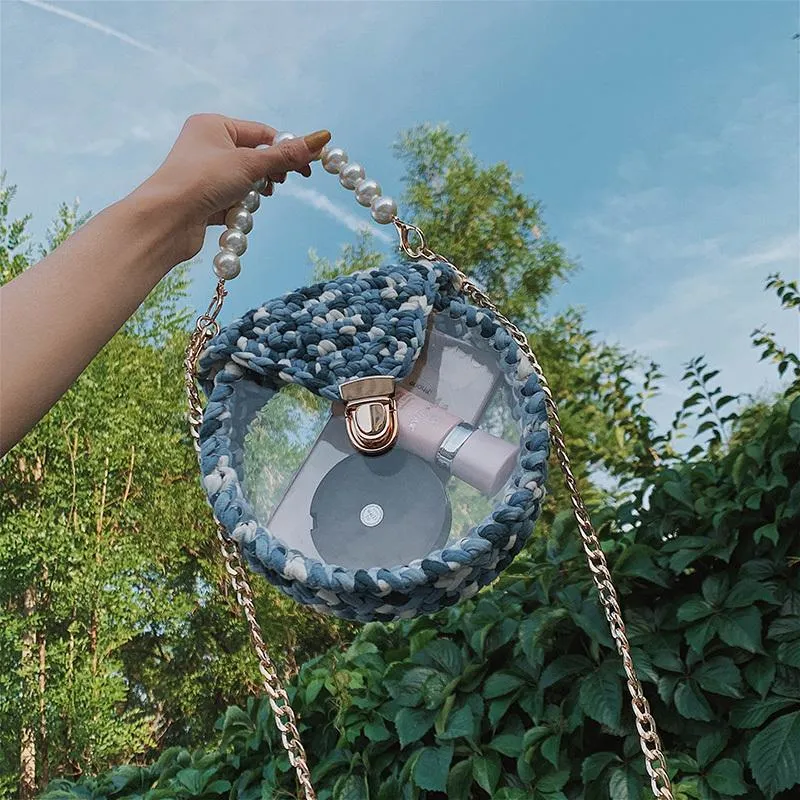 Cute Round Shining(No Flap) Crochet Crossbody Purse PMMA Crochet Shoulder Round Handbag for Girl Circle Crochet Crossbody Purses