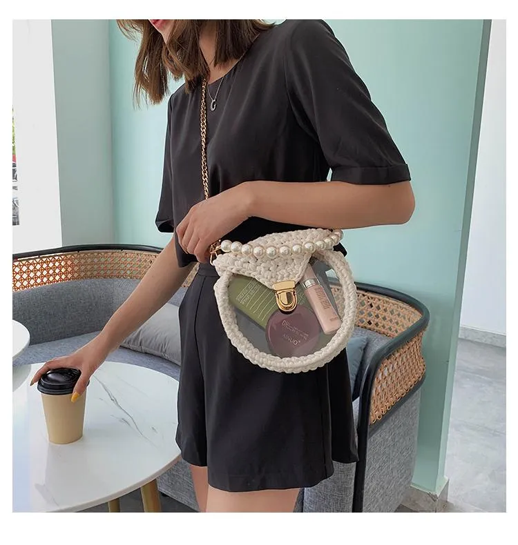 Cute Round Shining(No Flap) Crochet Crossbody Purse PMMA Crochet Shoulder Round Handbag for Girl Circle Crochet Crossbody Purses