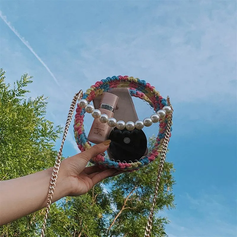 Cute Round Shining(No Flap) Crochet Crossbody Purse PMMA Crochet Shoulder Round Handbag for Girl Circle Crochet Crossbody Purses