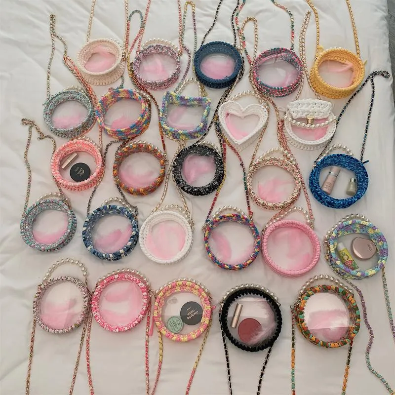 Cute Round Shining(No Flap) Crochet Crossbody Purse PMMA Crochet Shoulder Round Handbag for Girl Circle Crochet Crossbody Purses