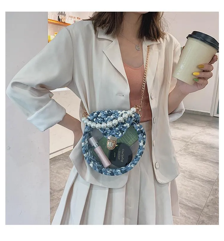 Cute Round Shining(No Flap) Crochet Crossbody Purse PMMA Crochet Shoulder Round Handbag for Girl Circle Crochet Crossbody Purses