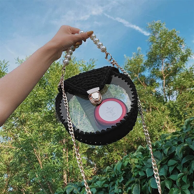 Cute Round Shining(No Flap) Crochet Crossbody Purse PMMA Crochet Shoulder Round Handbag for Girl Circle Crochet Crossbody Purses