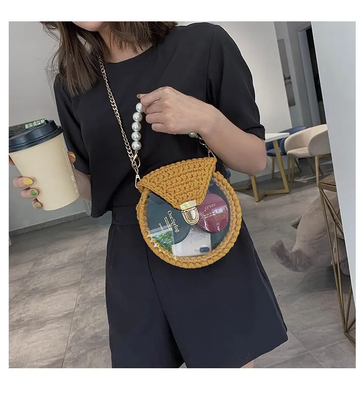 Cute Round Shining(No Flap) Crochet Crossbody Purse PMMA Crochet Shoulder Round Handbag for Girl Circle Crochet Crossbody Purses