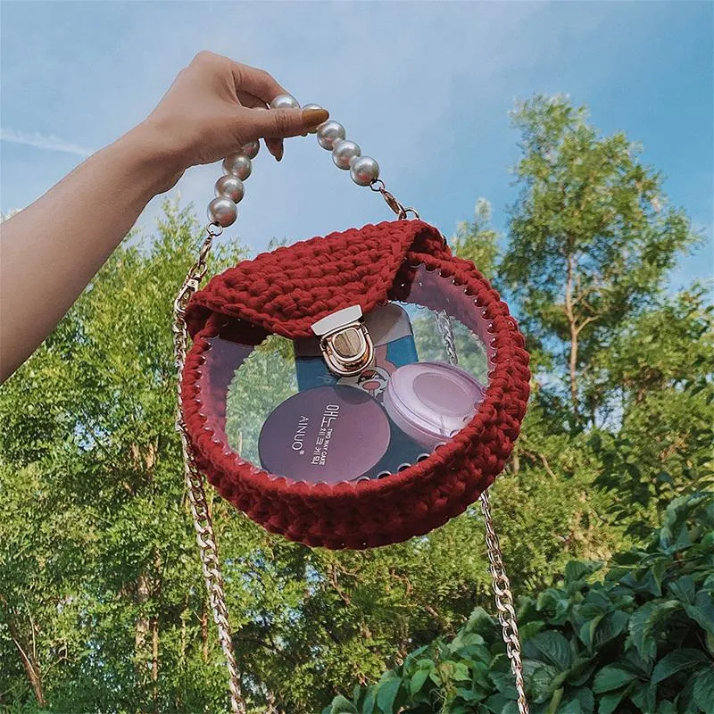 Cute Round Shining(No Flap) Crochet Crossbody Purse PMMA Crochet Shoulder Round Handbag for Girl Circle Crochet Crossbody Purses