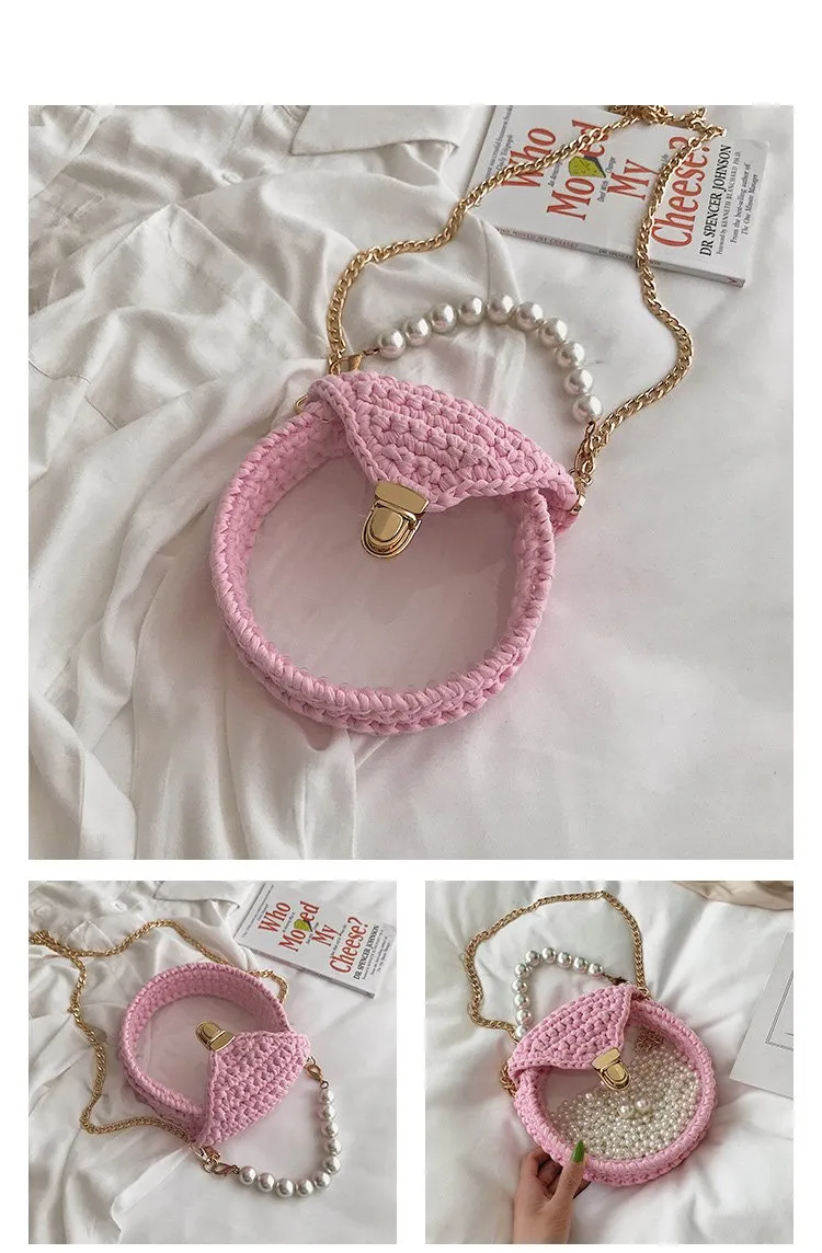Cute Round Shining(No Flap) Crochet Crossbody Purse PMMA Crochet Shoulder Round Handbag for Girl Circle Crochet Crossbody Purses