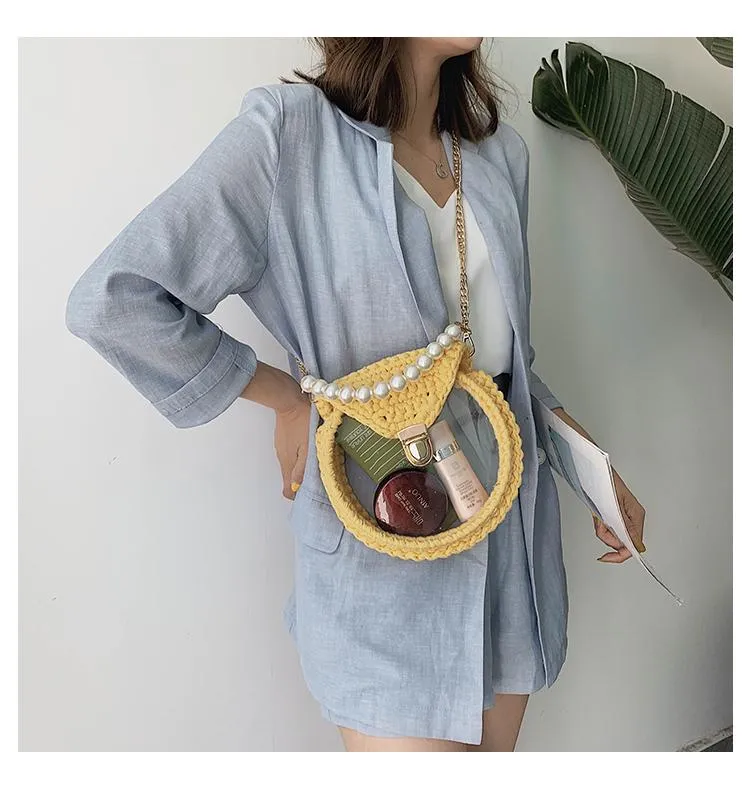 Cute Round Shining(No Flap) Crochet Crossbody Purse PMMA Crochet Shoulder Round Handbag for Girl Circle Crochet Crossbody Purses