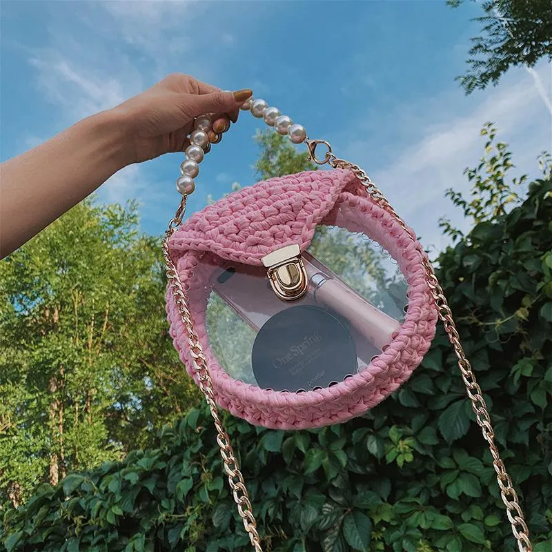 Cute Round Shining(No Flap) Crochet Crossbody Purse PMMA Crochet Shoulder Round Handbag for Girl Circle Crochet Crossbody Purses