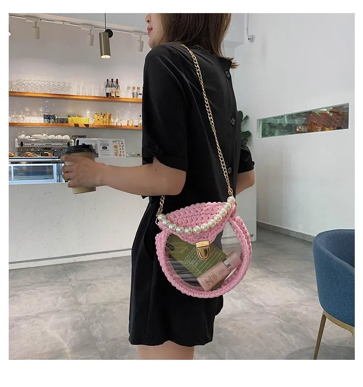 Cute Round Shining(No Flap) Crochet Crossbody Purse PMMA Crochet Shoulder Round Handbag for Girl Circle Crochet Crossbody Purses