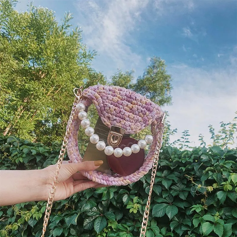 Cute Round Shining(No Flap) Crochet Crossbody Purse PMMA Crochet Shoulder Round Handbag for Girl Circle Crochet Crossbody Purses