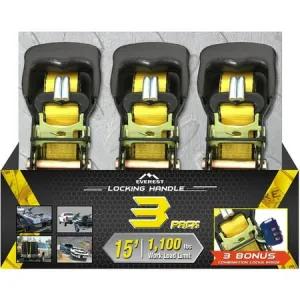 Everest 1.5  x 15  Tie Down Strap with Locking Handle Ratchet 3-Pack Premium Webbing