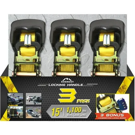 Everest 1.5  x 15  Tie Down Strap with Locking Handle Ratchet 3-Pack Premium Webbing