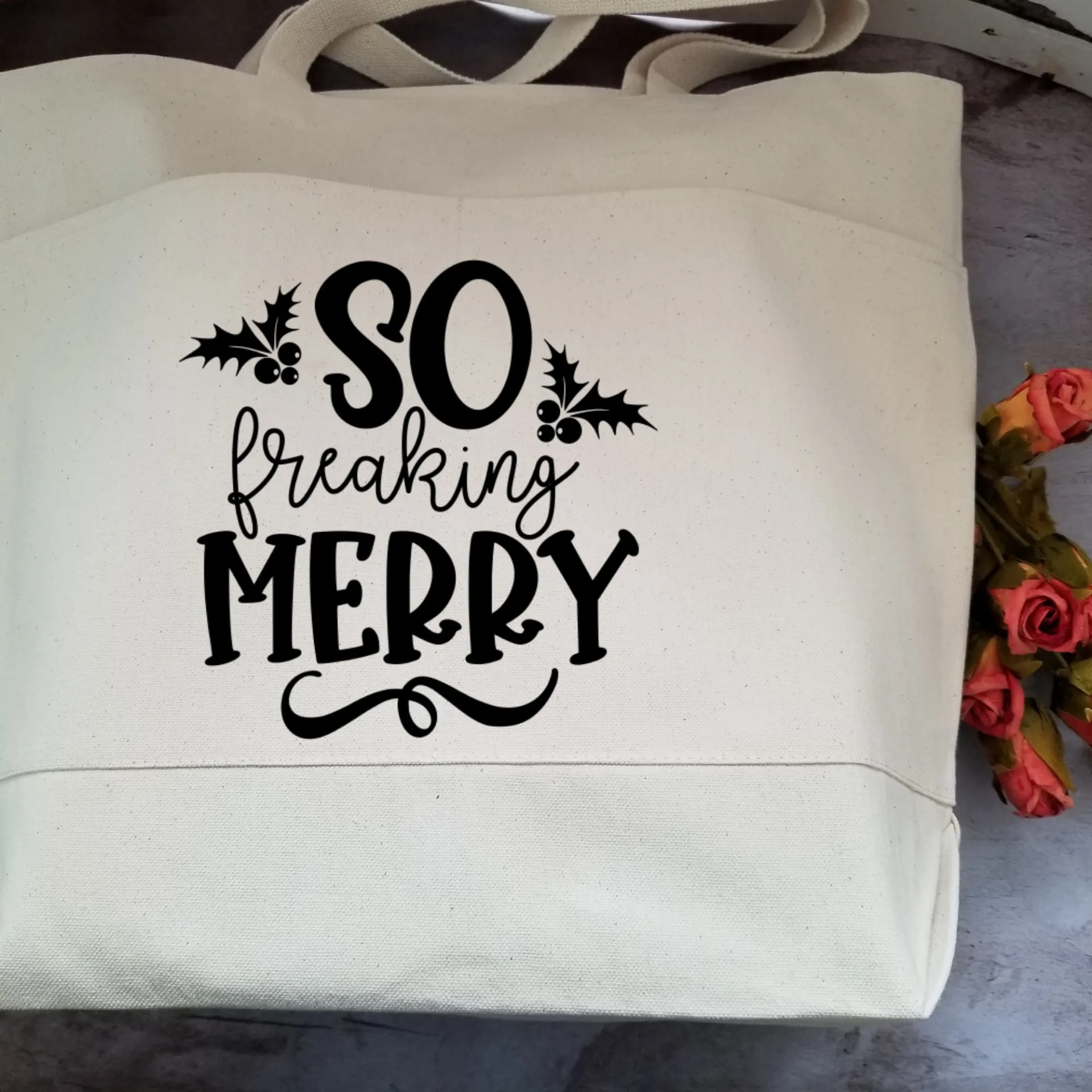 Funny Sarcastic Christmas Large Heavy Cotton Canvas Tote Bag with Pockets | Reusable Canvas Bag for Shopping or Overnight |Sarcasm Quote Bag