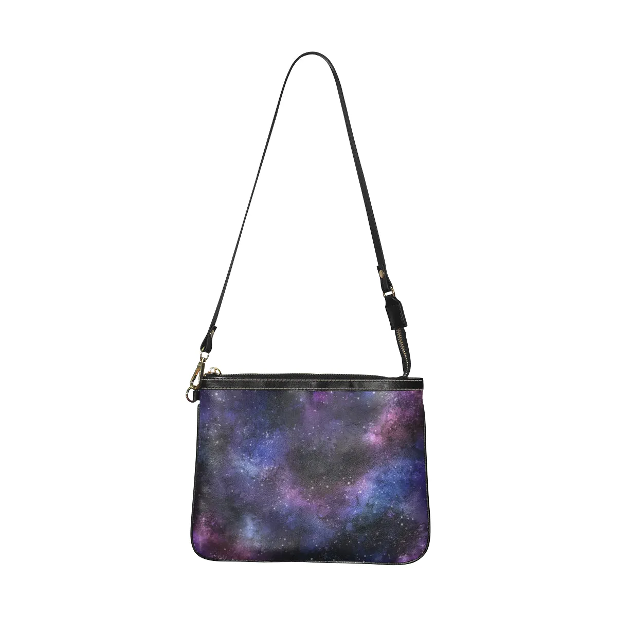 Galaxy Print Small Shoulder Bag, Space Stars Purple Women Leather with Unique Cross Evening Travel Handmade Messenger Crossbody Zipper Purse