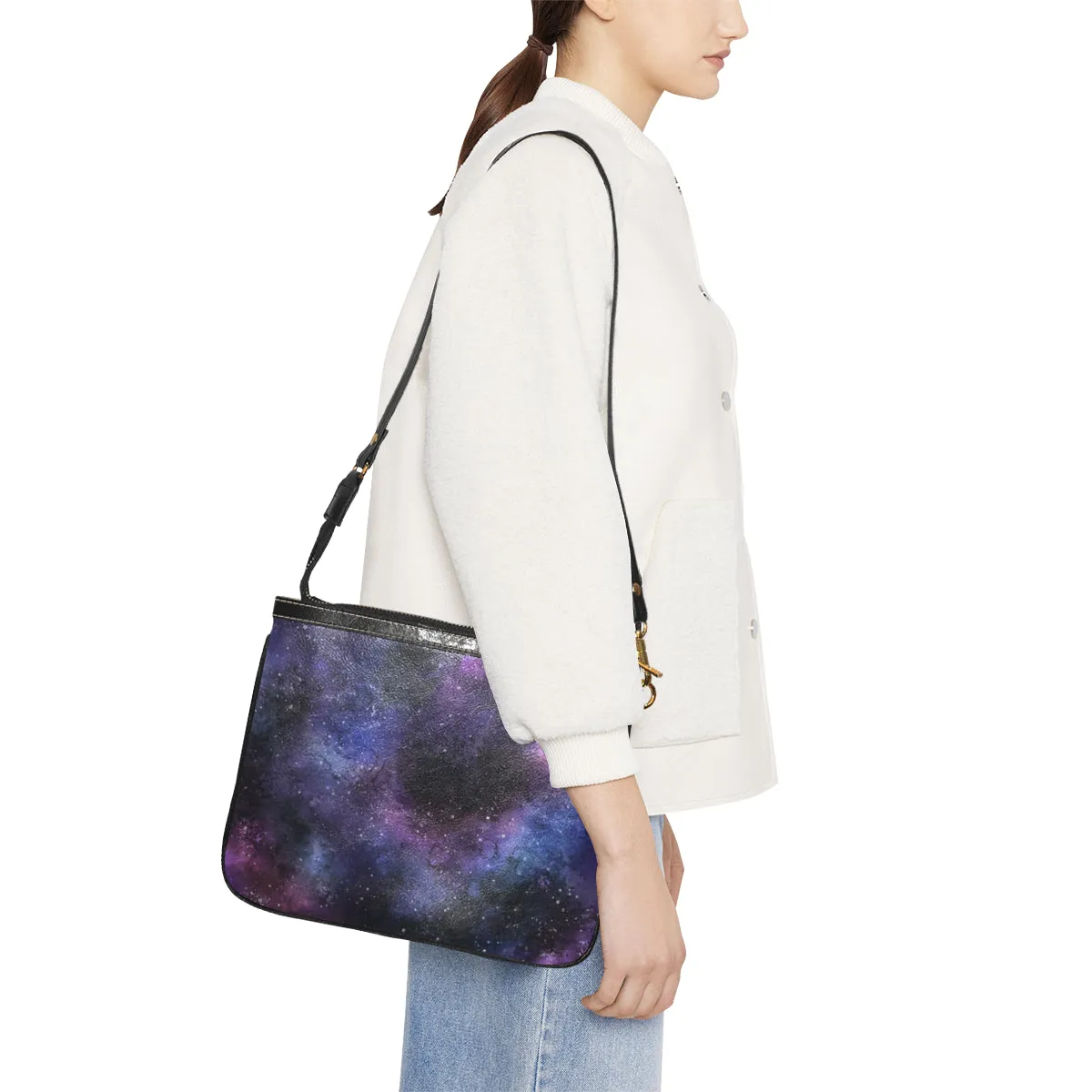 Galaxy Print Small Shoulder Bag, Space Stars Purple Women Leather with Unique Cross Evening Travel Handmade Messenger Crossbody Zipper Purse