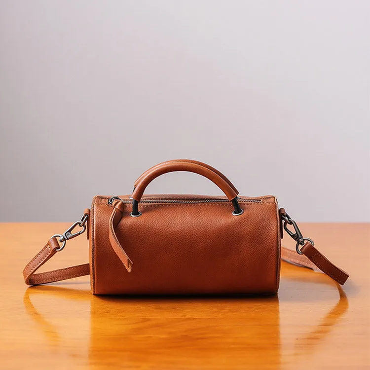 Handmade Womens Small Leather Barrel Bag Crossbody Bags Purses for Women