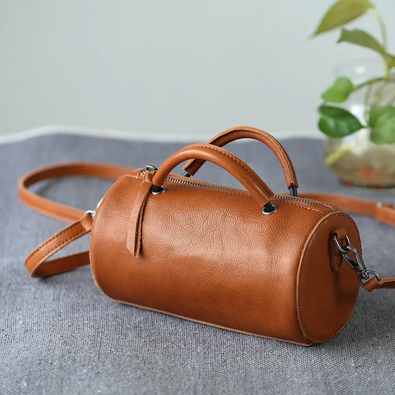Handmade Womens Small Leather Barrel Bag Crossbody Bags Purses for Women