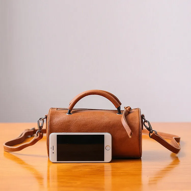 Handmade Womens Small Leather Barrel Bag Crossbody Bags Purses for Women