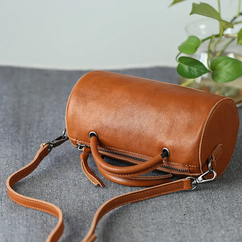 Handmade Womens Small Leather Barrel Bag Crossbody Bags Purses for Women