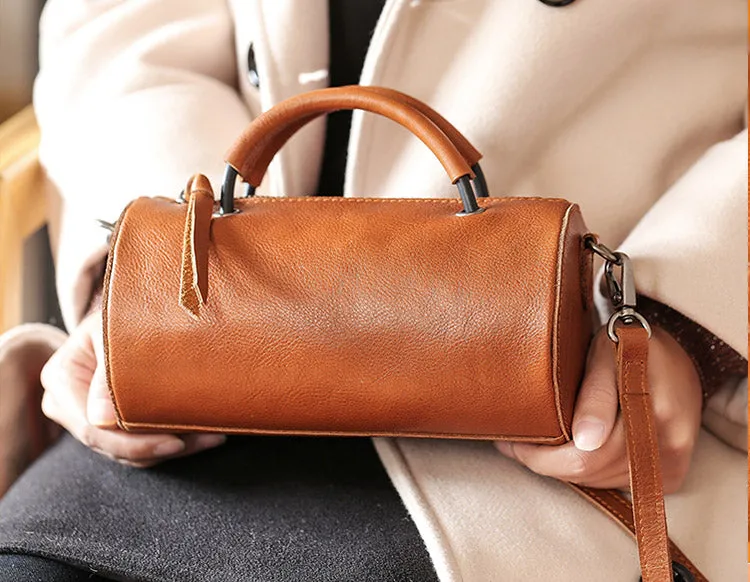 Handmade Womens Small Leather Barrel Bag Crossbody Bags Purses for Women