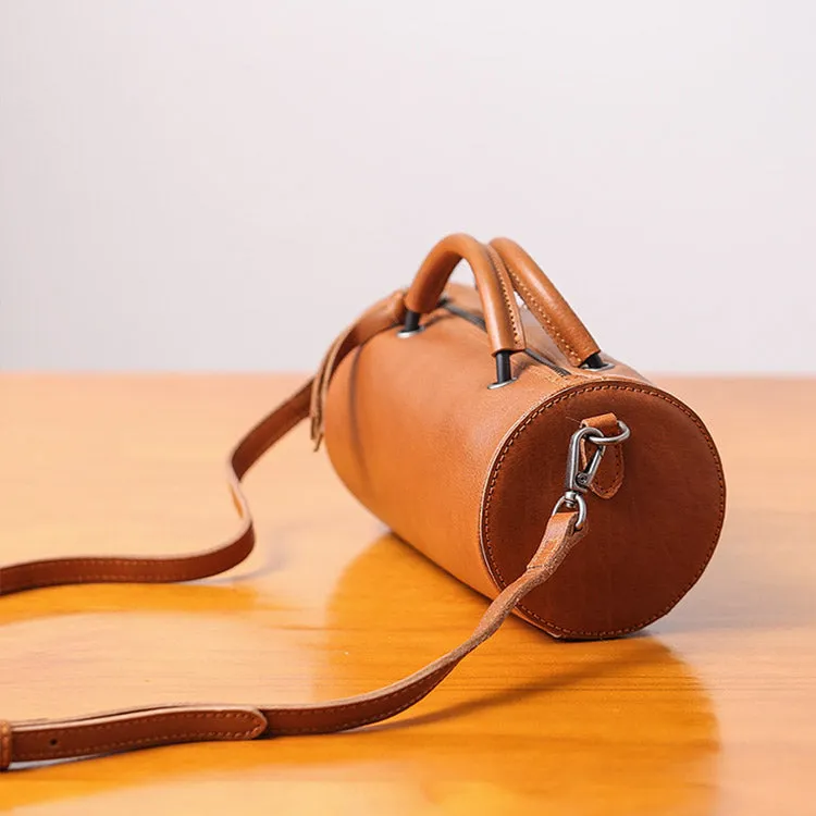 Handmade Womens Small Leather Barrel Bag Crossbody Bags Purses for Women