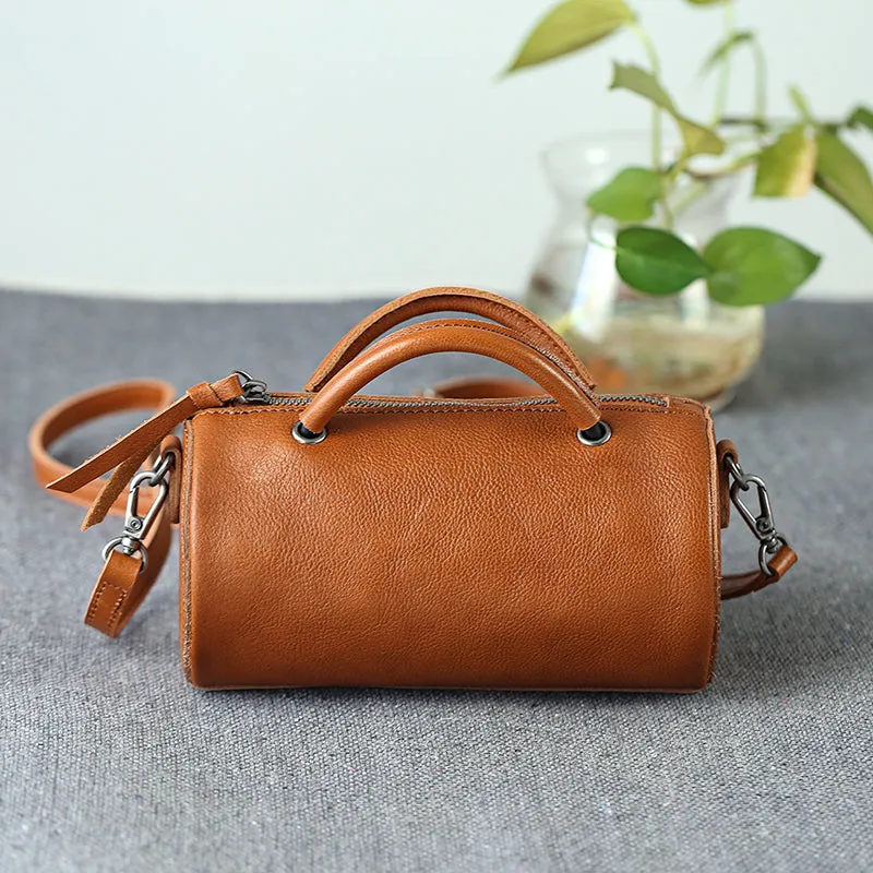 Handmade Womens Small Leather Barrel Bag Crossbody Bags Purses for Women
