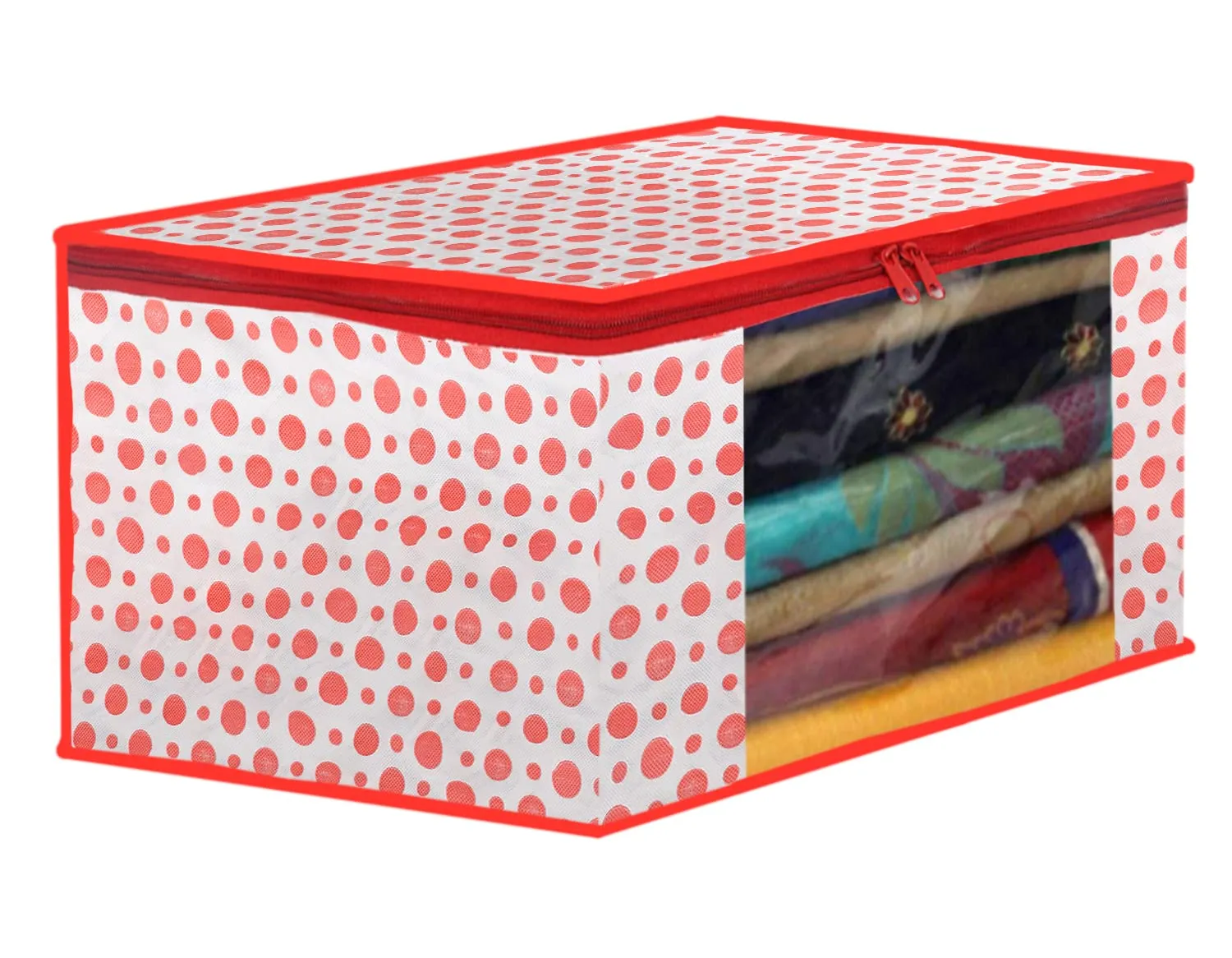 Heart Home Dot Printed Foldable, Lightweight Non-Woven 3 Saree Cover & 3 Underbed Storage Bag Set For Saree, Clothes, Blankets With Tranasparent Window, Set of 6 (Pink)-46HH0614