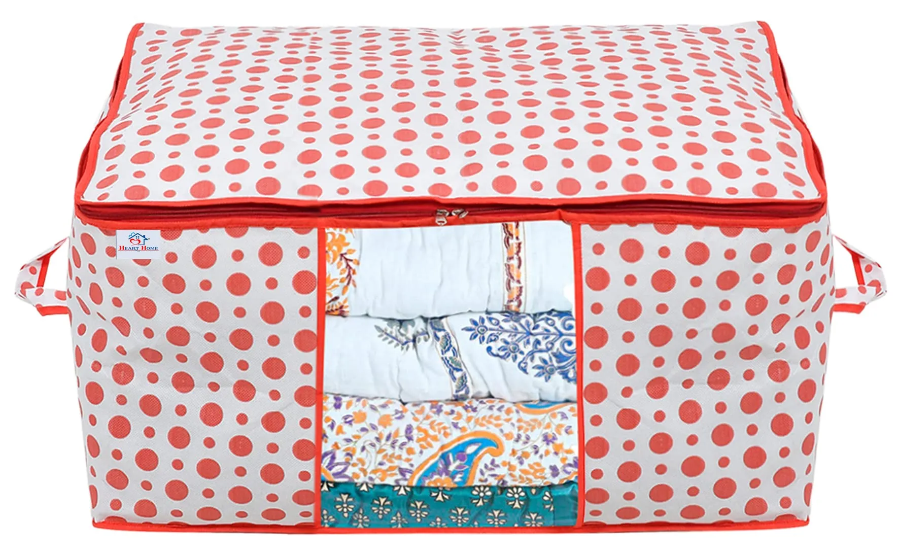 Heart Home Dot Printed Foldable, Lightweight Non-Woven 3 Saree Cover & 3 Underbed Storage Bag Set For Saree, Clothes, Blankets With Tranasparent Window, Set of 6 (Pink)-46HH0614