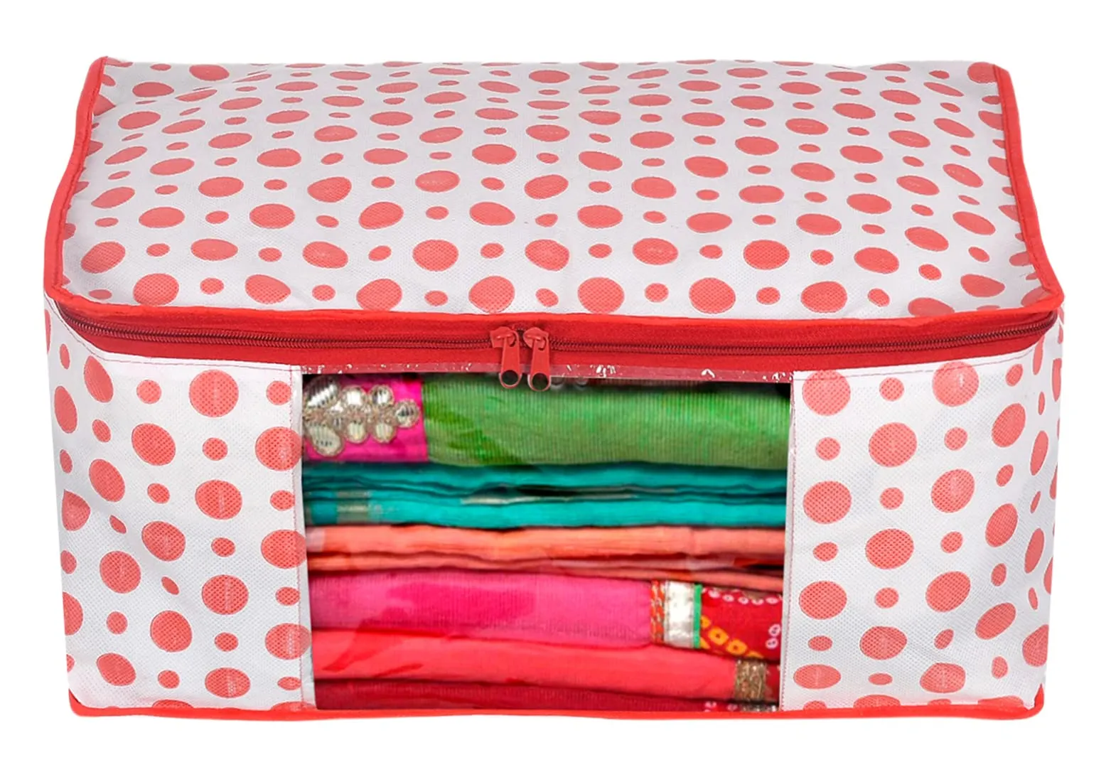Heart Home Dot Printed Foldable, Lightweight Non-Woven 3 Saree Cover & 3 Underbed Storage Bag Set For Saree, Clothes, Blankets With Tranasparent Window, Set of 6 (Pink)-46HH0614