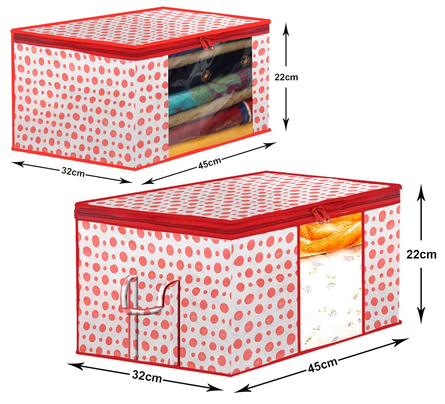 Heart Home Dot Printed Foldable, Lightweight Non-Woven 3 Saree Cover & 3 Underbed Storage Bag Set For Saree, Clothes, Blankets With Tranasparent Window, Set of 6 (Pink)-46HH0614