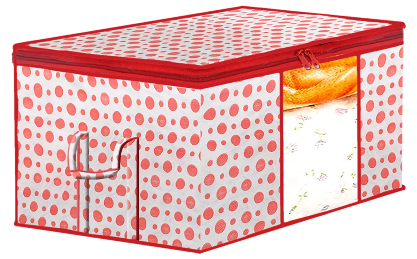 Heart Home Dot Printed Foldable, Lightweight Non-Woven 3 Saree Cover & 3 Underbed Storage Bag Set For Saree, Clothes, Blankets With Tranasparent Window, Set of 6 (Pink)-46HH0614