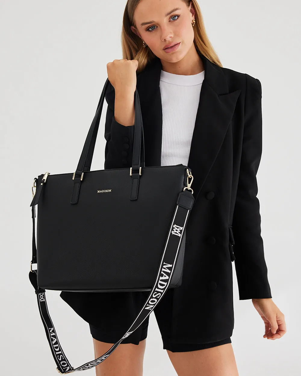 Inga Large Zip Top Tote Bag with Laptop Pocket   Monogram Stripe Bag Strap