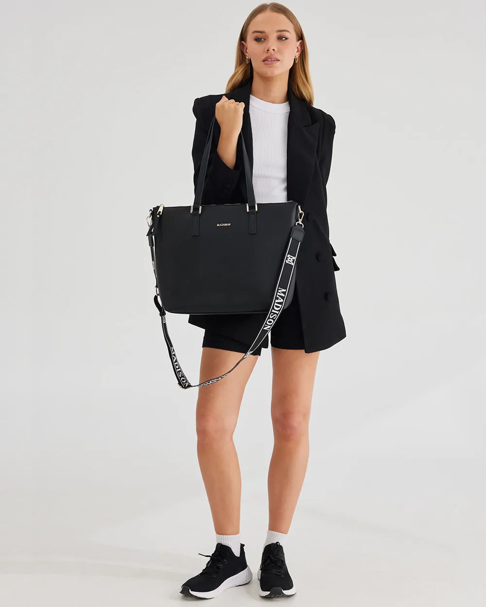 Inga Large Zip Top Tote Bag with Laptop Pocket   Monogram Stripe Bag Strap